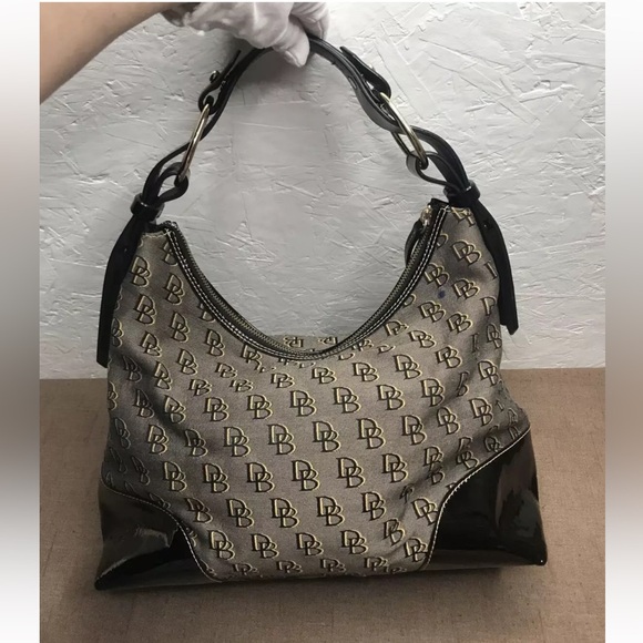 Dooney & Bourke Hobo Purse Bag Beige & Black Canvas Shoulder Bag - Picture 5 of 16